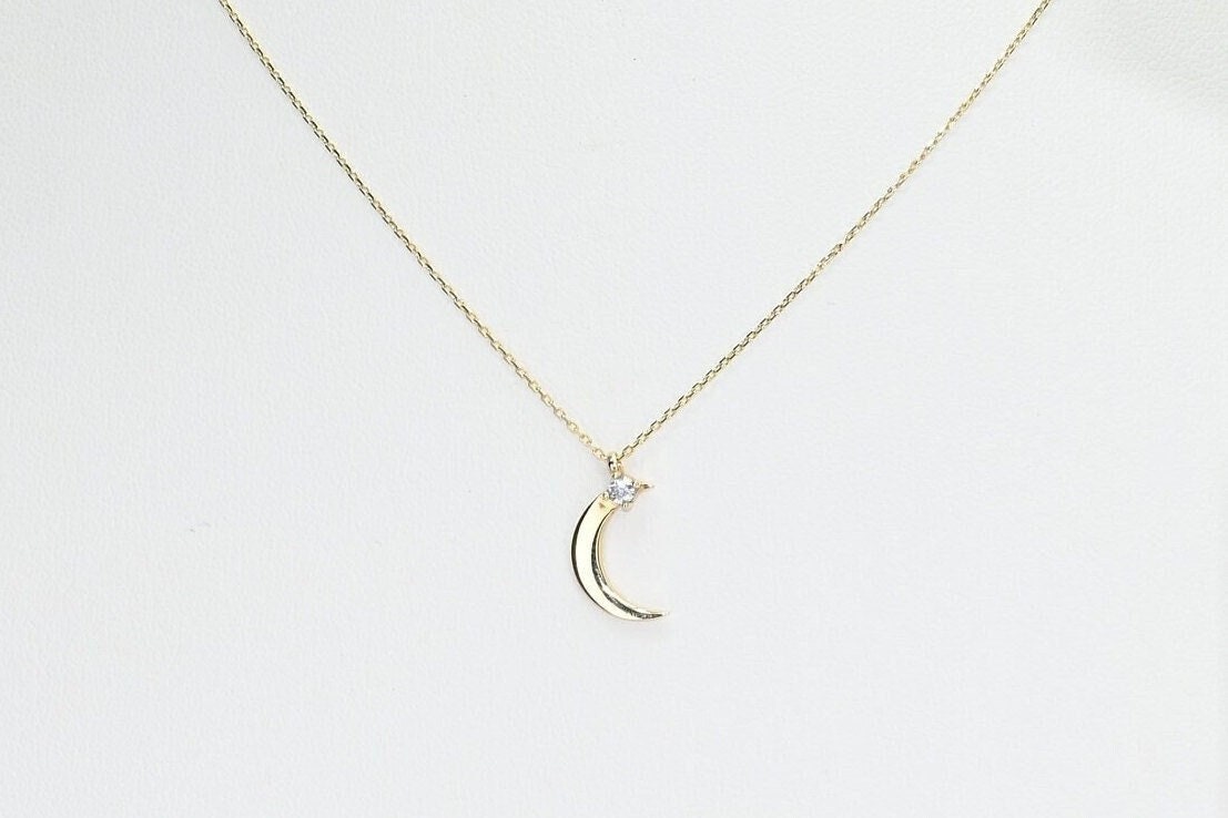 14k Solid Gold Dainty Moon Necklace / Real Gold Premium Crescent Pendant  /  Moon Star Necklace For Her / Handmade Fine Jewelry by Selanica