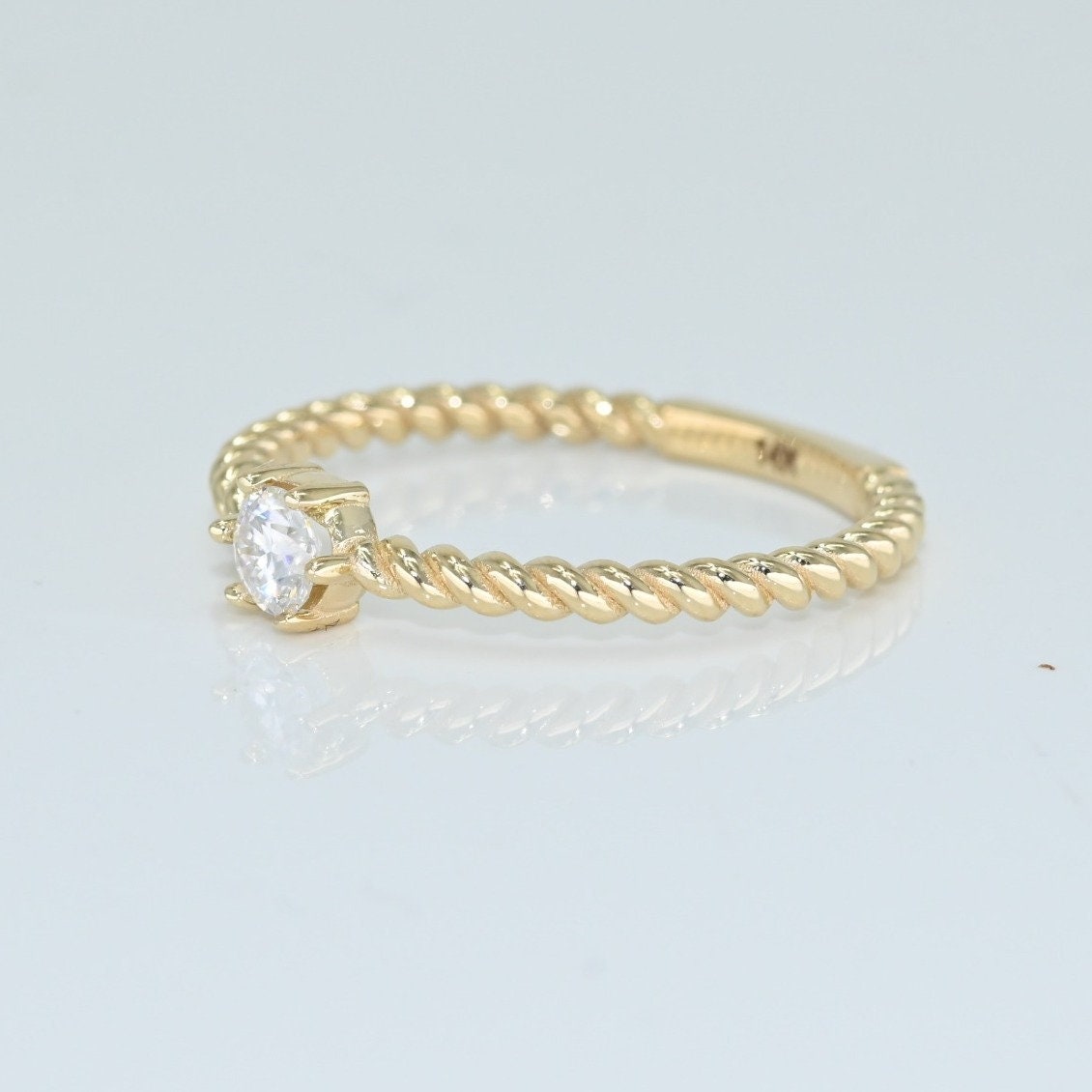 14k Solid Gold Twist Band Solitaire Ring, Real Gold Twisted Rope Ring, Handmade Fine Jewelry By Selanica