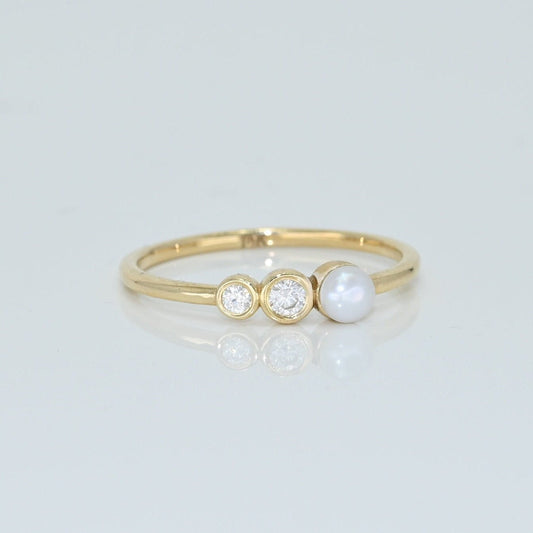 14k Solid Gold Dainty Pearl Ring, Real Gold Natural Pearl, Bezel Setting Ring, Unique Design Premium Ring, Handmade Fine Jewelry By Selanica