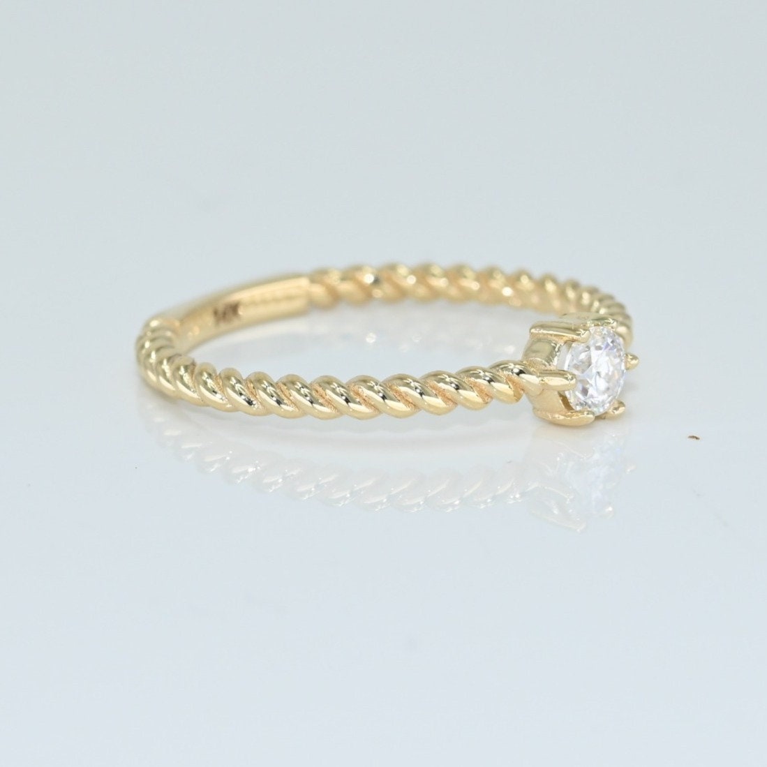 14k Solid Gold Twist Band Solitaire Ring, Real Gold Twisted Rope Ring, Handmade Fine Jewelry By Selanica