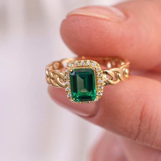 14k Solid Gold Emerald Art Deco Ring / Real Gold Premium Baguette Ring /  Handmade Fine Jewelry By Selanica