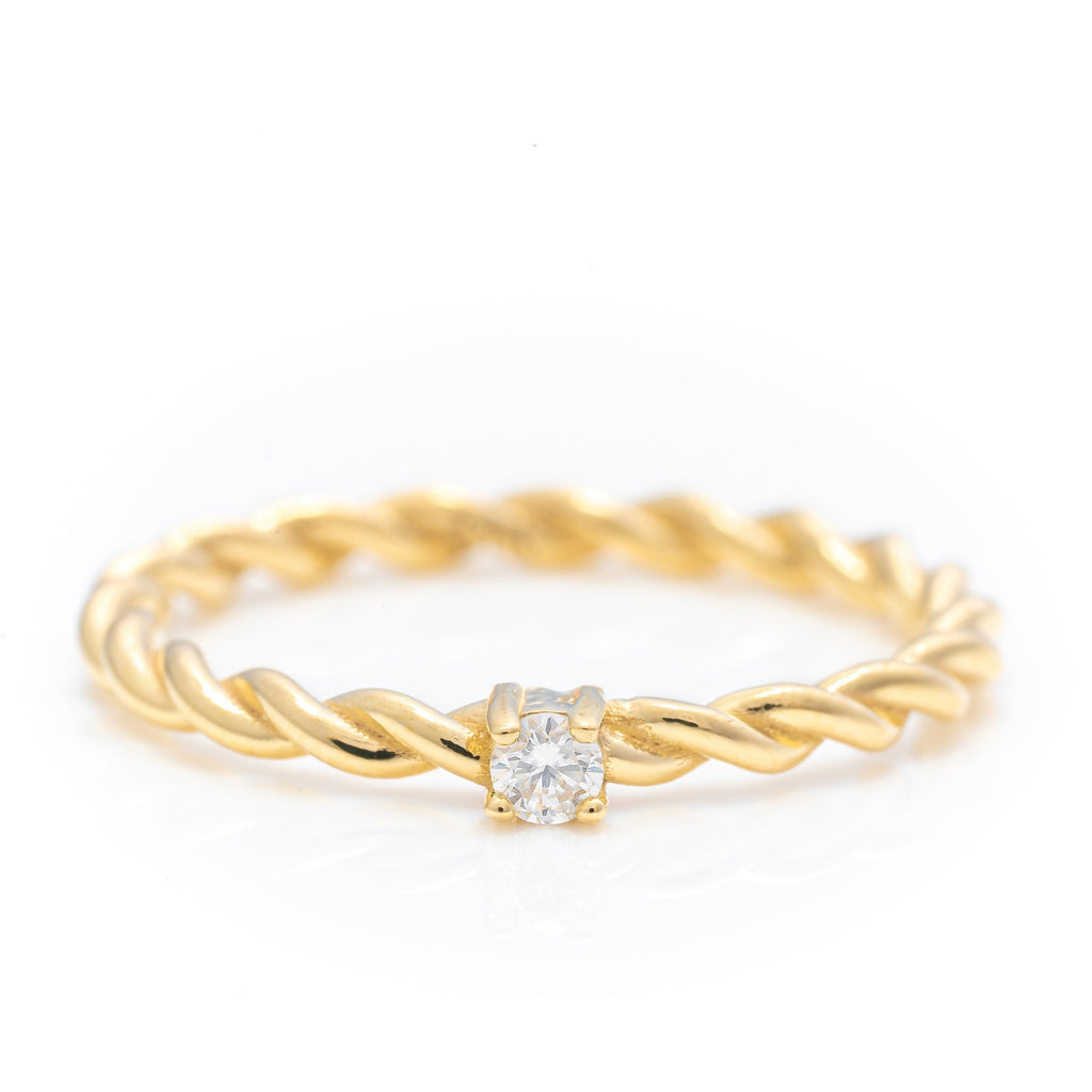 14k Solid Gold Dainty Stackable Solitaire Ring, Real Gold Twist Band Ring, Unique Design Premium Ring, Handmade Fine Jewelry By Selanica