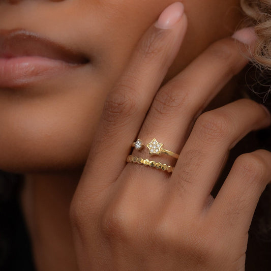 14k Solid Gold Double Band Star Ring with Unique Hexagon Band, Real Gold Premium Celestial Design Ring, Handmade Fine Jewelry By Selanica