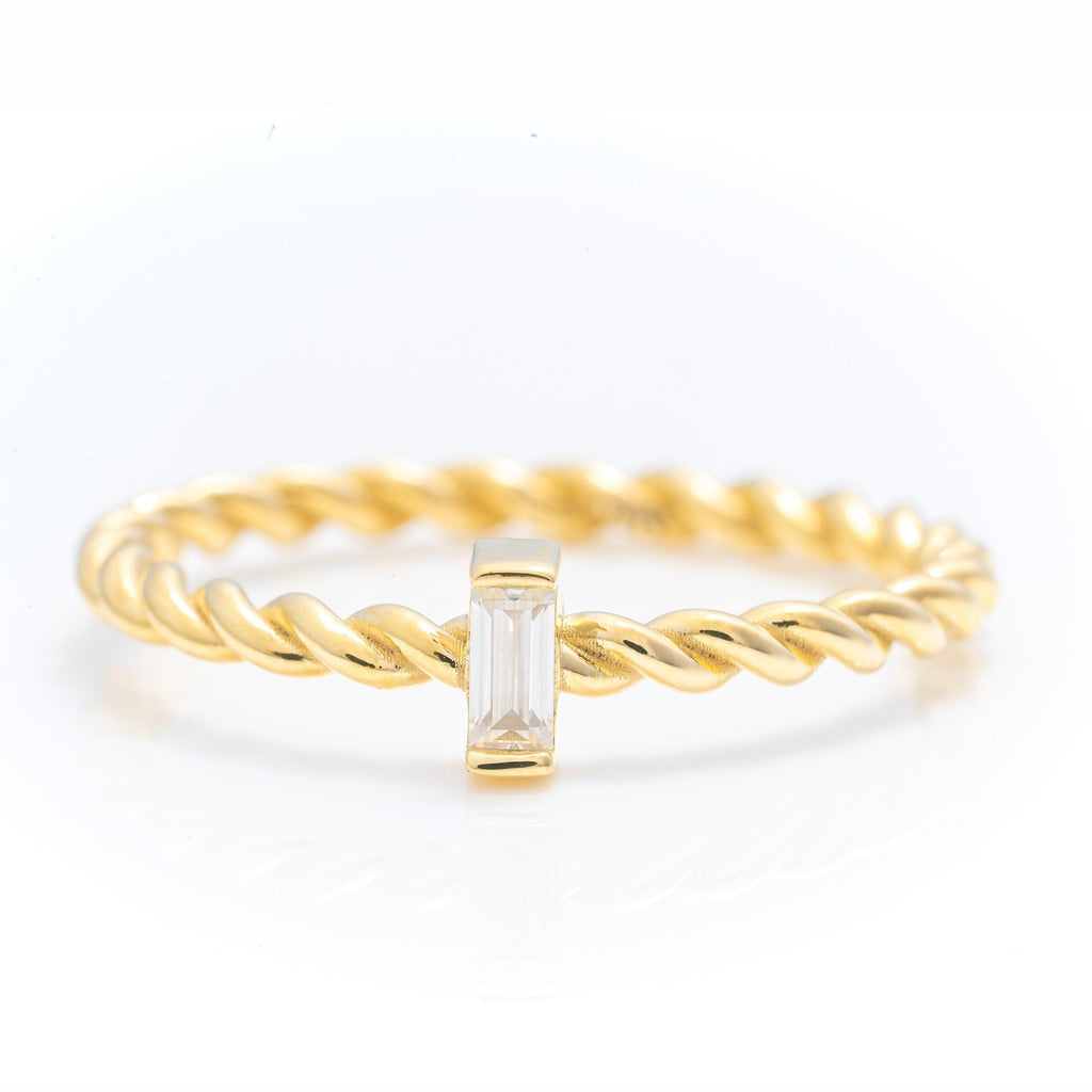 14k Solid Gold Dainty Baguette Ring, Real Gold Twist Band Ring, Premium Ring, Handmade Fine Jewelry By Selanica