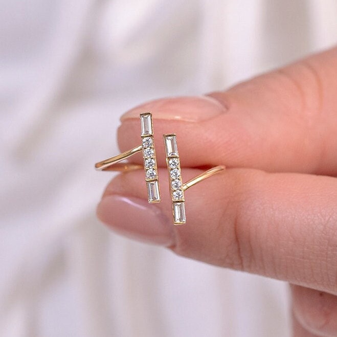 14k Solid Gold Asymmetric Double Bar Ring / Real Gold Dainty Open Band Ring / Handmade Fine Jewelry By Selanica