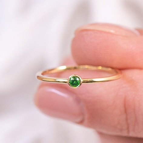 14k Solid Gold Emerald Ring, Real Gold Dainty Stackable Bezel Ring, Minimalist Design Emerald Ring, Handmade Fine Jewelry By Selanica