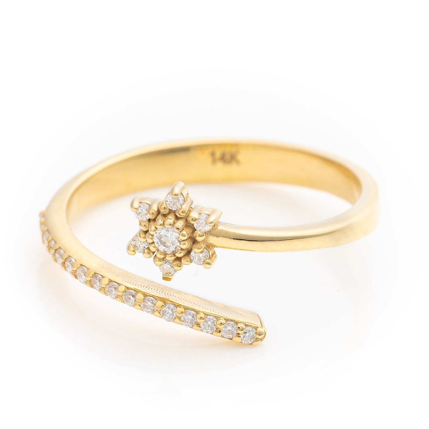 14k Solid Gold Dainty Floral Ring, Real Gold Open Band Daisy Ring, Premium Pave Setting Unique Ring, Handmade Fine Jewelry By Selanica