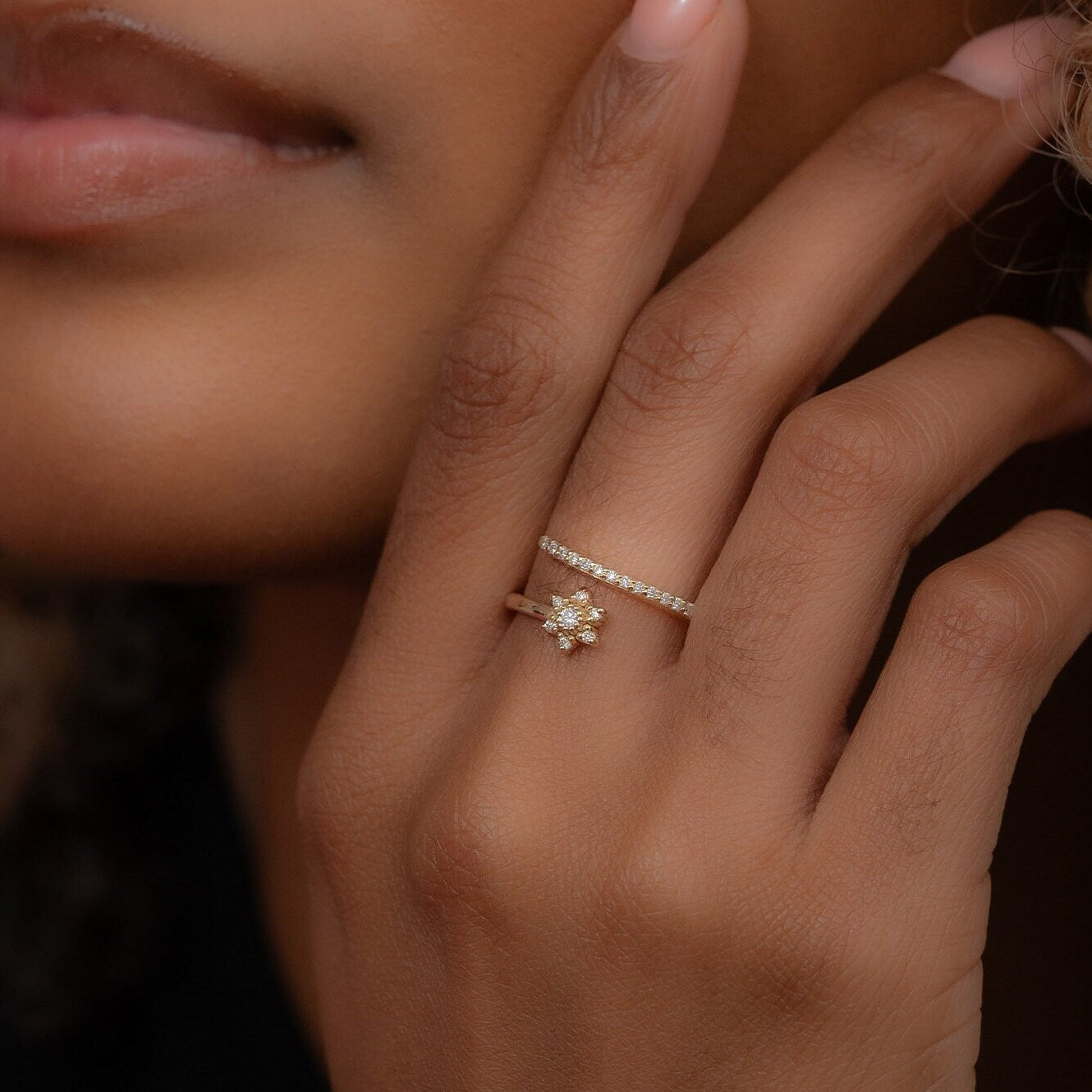 14k Solid Gold Dainty Floral Ring, Real Gold Open Band Daisy Ring, Premium Pave Setting Unique Ring, Handmade Fine Jewelry By Selanica