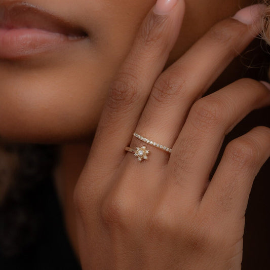 14k Solid Gold Dainty Floral Ring, Real Gold Open Band Daisy Ring, Premium Pave Setting Unique Ring, Handmade Fine Jewelry By Selanica