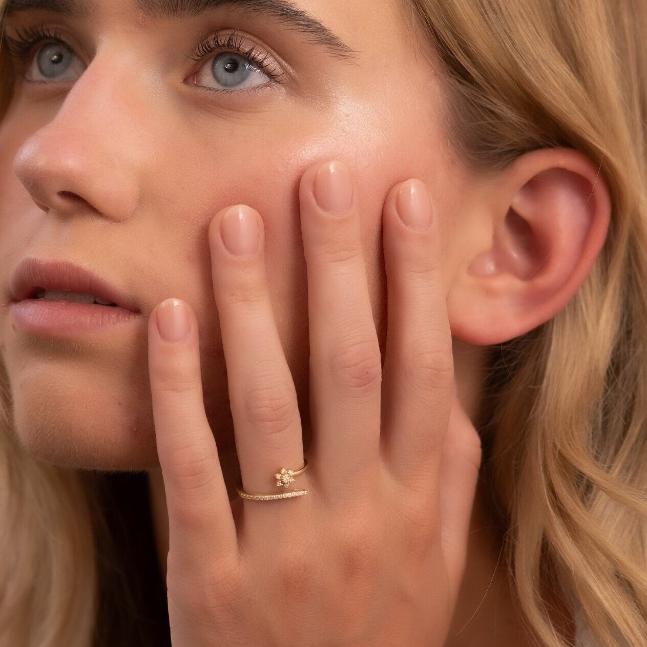 14k Solid Gold Dainty Floral Ring, Real Gold Open Band Daisy Ring, Premium Pave Setting Unique Ring, Handmade Fine Jewelry By Selanica