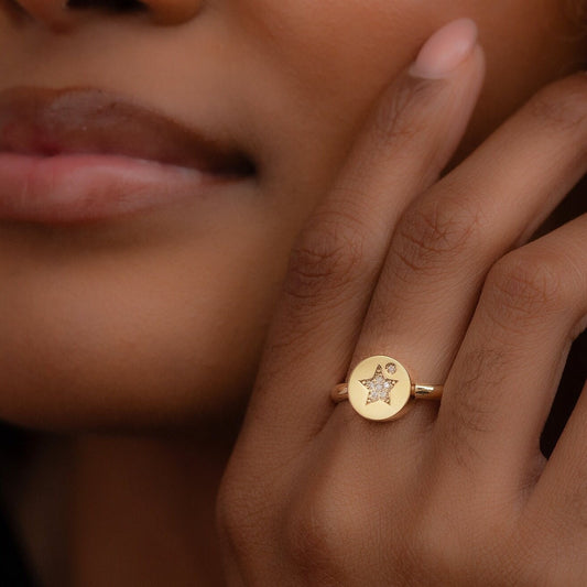 14k Solid Gold Iconic Star Ring, Real Gold Round Celestial Ring, Unique Design Premium Ring For Her, Handmade Fine Jewelry By Selanica