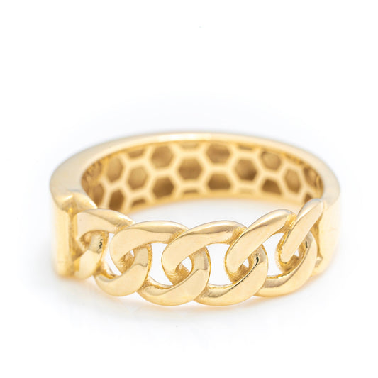 14k Solid Gold Premium Chain Ring, Real Gold Unique Design Wide Link Band, Handmade Fine Jewelry By Selanica