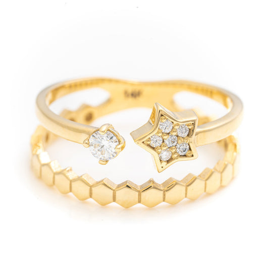 14k Solid Gold Double Band Star Ring with Unique Hexagon Band, Real Gold Premium Celestial Design Ring, Handmade Fine Jewelry By Selanica