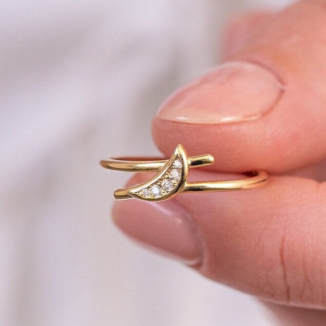 14k Solid Gold Moon Ring, Real Gold Premium Crescent Ring, Unique Design Celestial Ring For Her, Handmade Fine Jewelry By Selanica