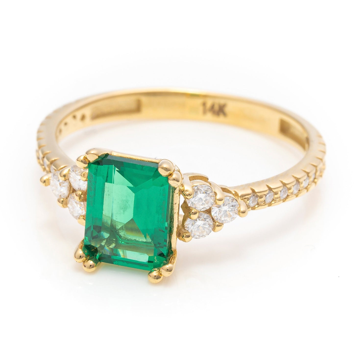 14k Solid Gold Emerald Baguette Ring / Unique Art Deco Design / Real Gold Ring With Pave Band / Handmade Fine Jewelry For Her By Selanica