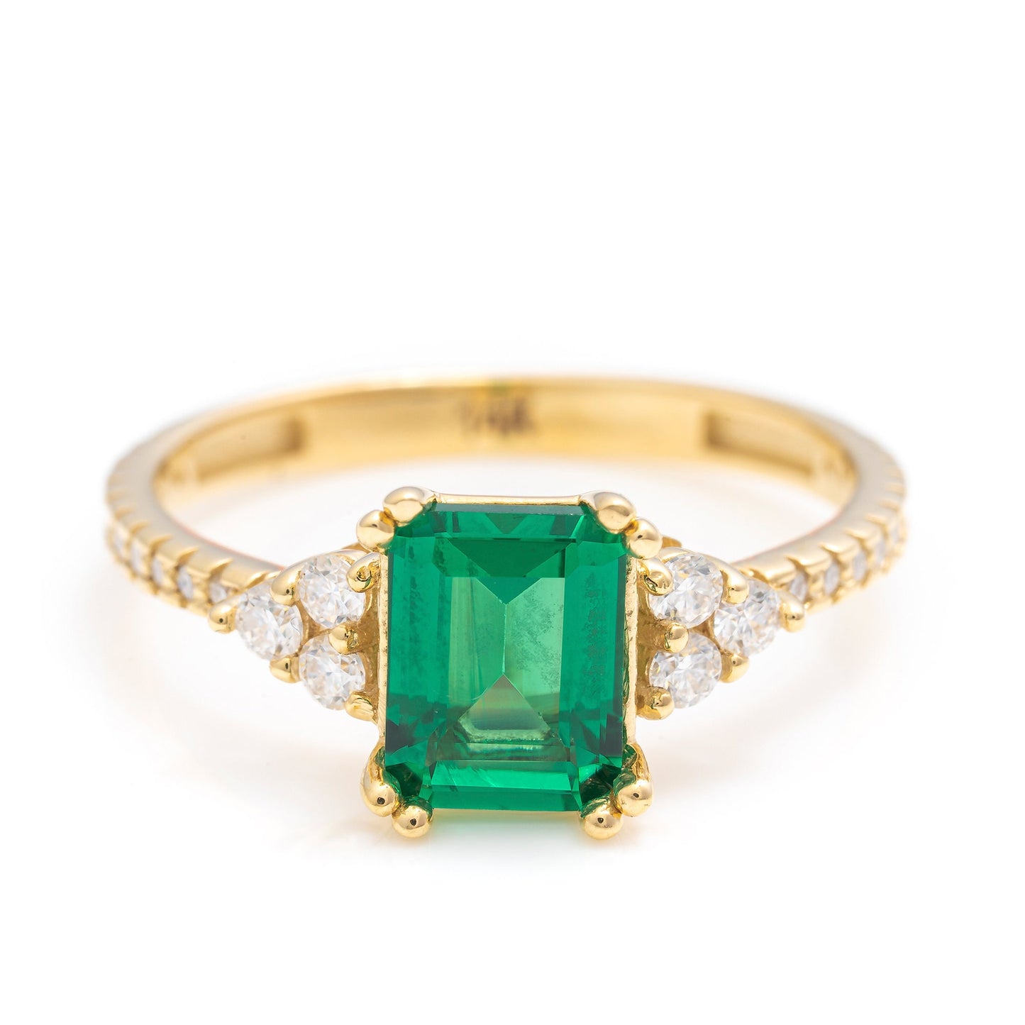 14k Solid Gold Emerald Baguette Ring / Unique Art Deco Design / Real Gold Ring With Pave Band / Handmade Fine Jewelry For Her By Selanica