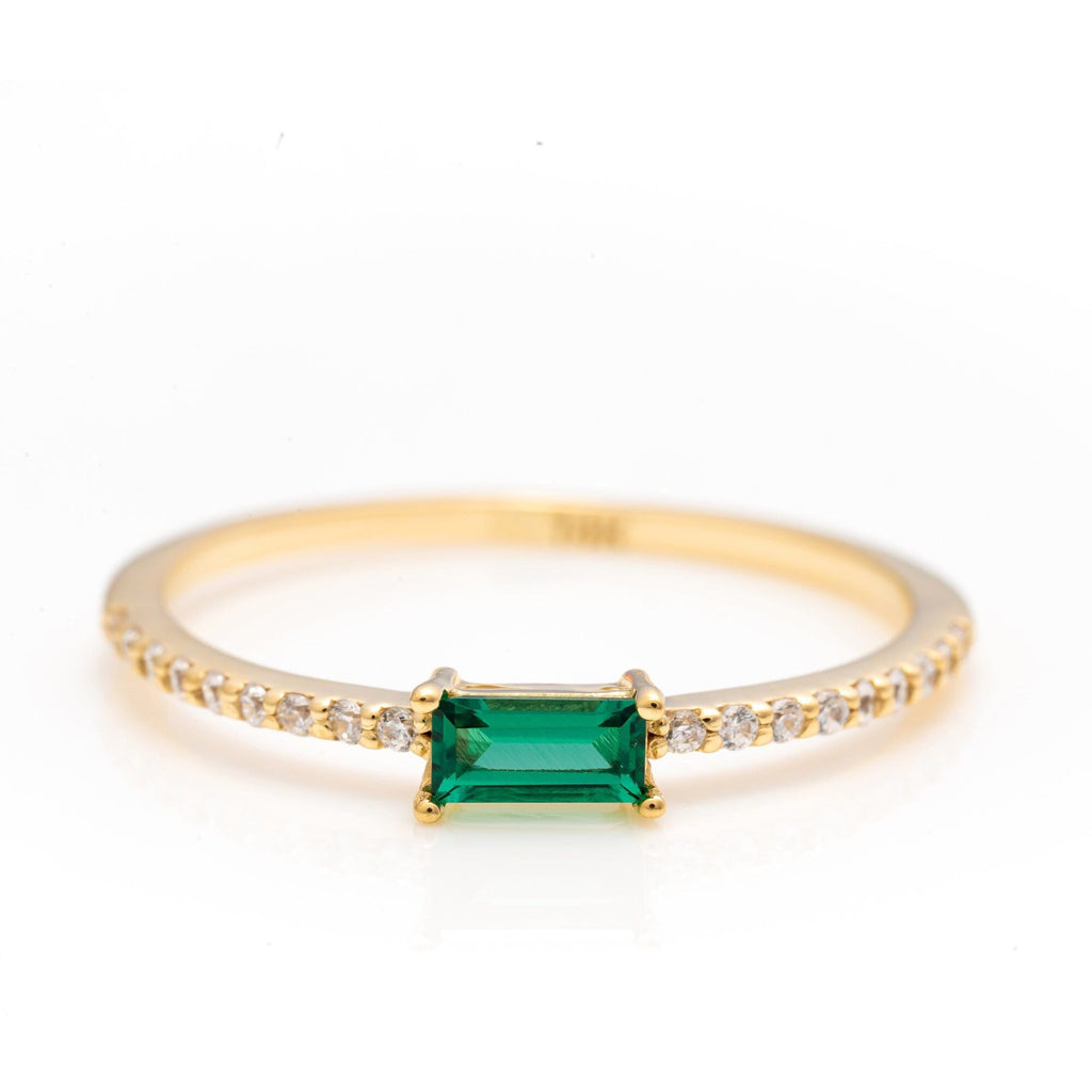 14k Solid Gold Dainty Emerald Ring, Real Gold Emerald Baguette Ring with Unique Pave Band, Handmade Fine Jewelry By Selanica