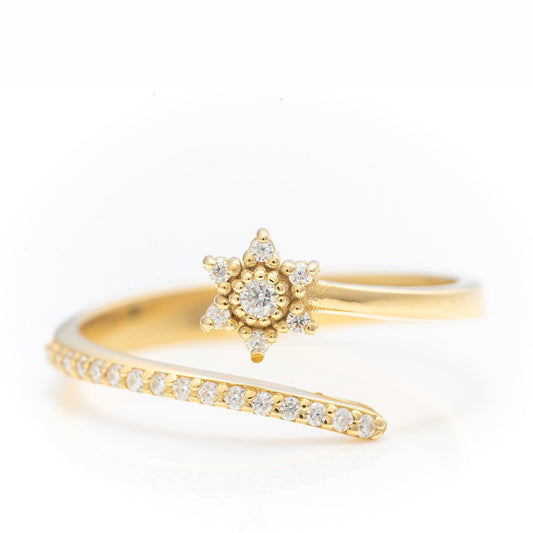 14k Solid Gold Dainty Floral Ring, Real Gold Open Band Daisy Ring, Premium Pave Setting Unique Ring, Handmade Fine Jewelry By Selanica